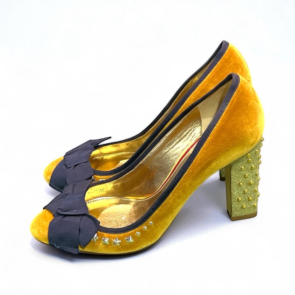 J. Crew Collection Studded Velvet Gold Heels with Bow